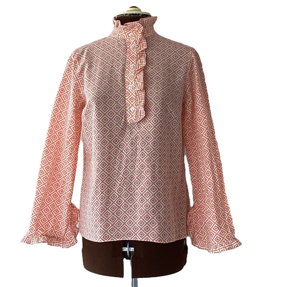 Jules Reid Orange and Pink Geometric Design High Neck 1/2 Button Front Top